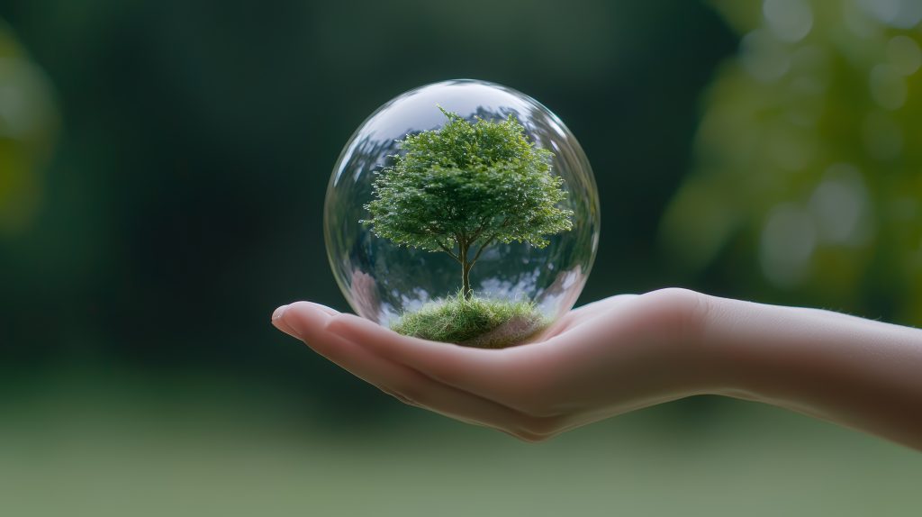 A person holding a glass ball with a tree inside of it.