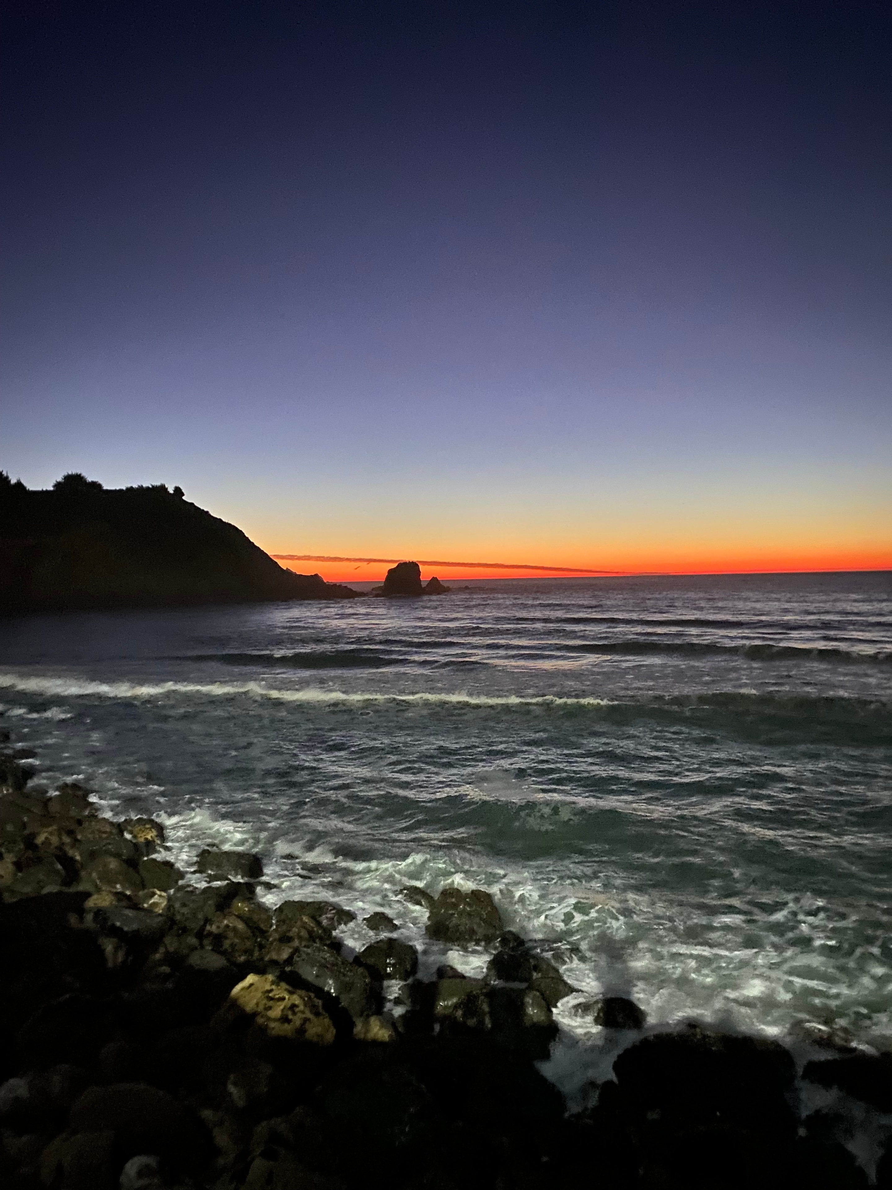 Dusk sunset over the Pacifica ocean and rocky shore