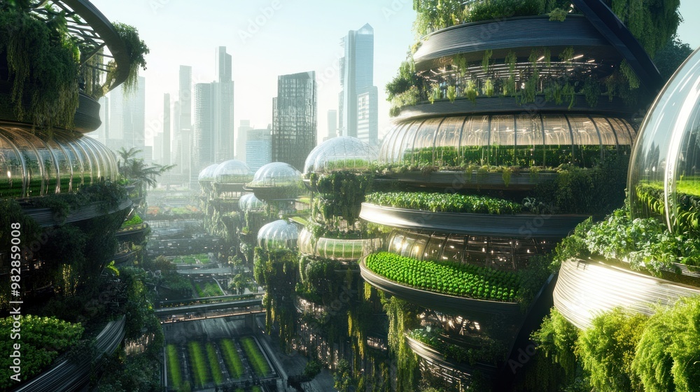 A city with many green buildings and lots of plants.