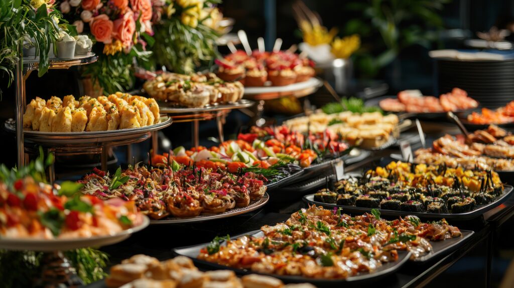 Buffet table with assorted colorful appetizers displayed.