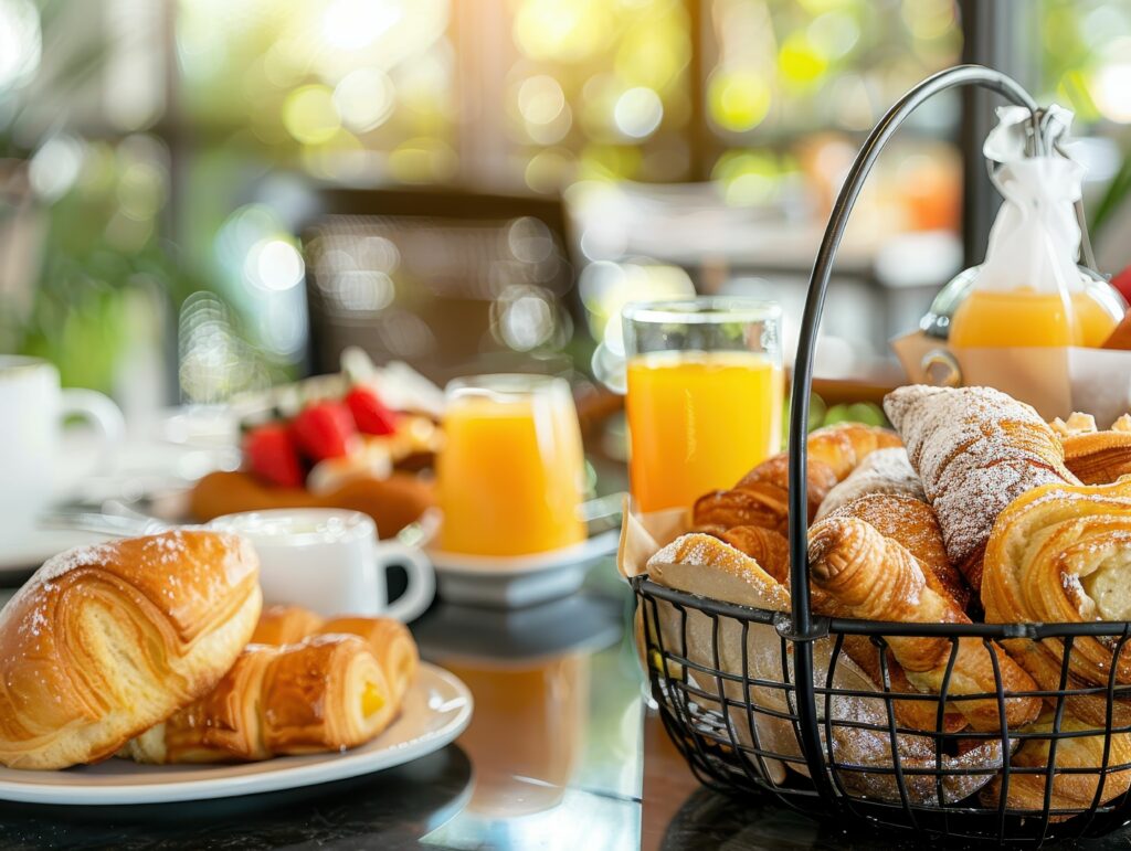 Breakfast pastries and orange juice on table.