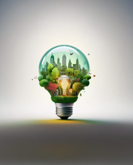A light bulb with an image of the city inside it.